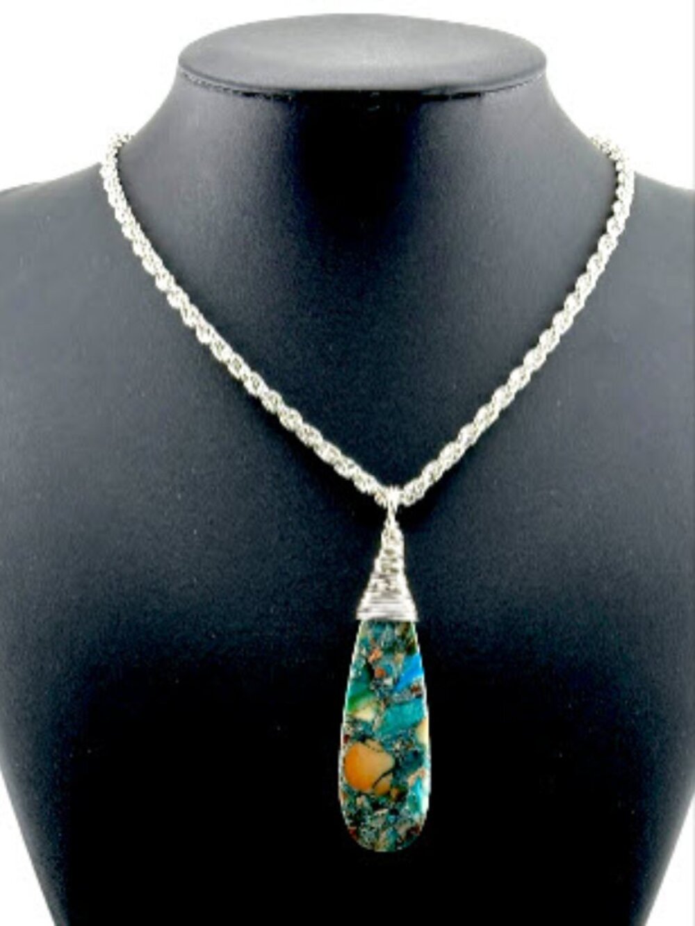 Ocean Blue Impressions Jasper Pyrite Wire Wrapped Pendant Necklace Handmade